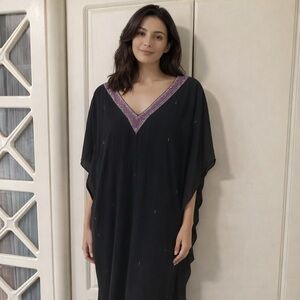 Black V-Neck Kaftan with Pink Embellishments